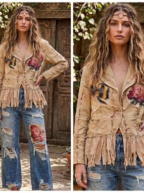 Boho Fringe Floral Bumblebee Jacket Distressed